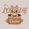 Cute squirrel love cocoa illustration. Animated funny character holding cream cone while sitting in bag chocolate beans.