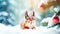 Cute squirrel near New Year tree on snowy forest landscape background