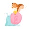 Cute Squirrel Riding Snail, Funny Adorable Animal in Transport Vector Illustration