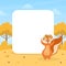 Cute Squirrel in Wreath of Colorful Leaves with Blank Empty Banner, Wild Animal Character on Autumn Landscape Vector