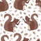 Cute squirrels juggling acorns vector seamless pattern background. Scattered fun woodland animals playing with nuts on