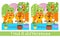 Cute squirrels plant flowers in pot. Find 6 differences. Game for children. Hand drawn full color children illustration