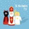 Cute St. Nicholas with devil, angel, christmas invitation, card. Flat design, illustration, winter background.