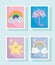 Cute stamps, weather rainbow clouds umbrella rain stars icons