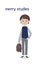 A cute standing school boy with a brown hair and a schoolbag in his hand in a gray jeans and blue waistcoat. Vector