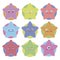 Cute stars with kavai eyes on a background of multicolored bright isolated vector objects stickers on a white background.