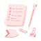 Cute stationary set - notepad, pencil, paper clips and sticky notes in pastel pink color scheme
