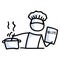 Cute stick figure chef cooking recipe lineart icon. Dinner preparation pictogram. Communication of restaurant meal