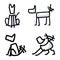 Cute stick figure dogs set wagging tail vector clipart. Bujo bullet journal style adorable cartoon puppy training to sit. Simple