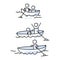 Cute stick figures on kayaking holiday set vector clipart. Concept of boating on lake in canoe. Hand drawn pictogram of