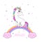 Cute sticker with beautiful unicorn with gold horn on rainbow on white background
