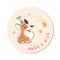 Cute sticker with corgi with sticking out tongue. Funny puppy in a holiday hat. Welshkorgi in a cartoon style, stars are