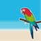Cute sticker parrot on blurred beach background. EPS 10