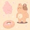 Cute sticker in a pastel concept on a beige background. Kawaii bear,donut,cotton candy.Kid graphic.Vector Illustration.