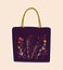 Cute sticker of purple bag sewed with flowers on cloth on pink background