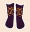 Cute sticker of purple socks sewed with flowers on cloth on pink background