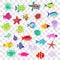 Cute stickers of sea marine fish, animals, plants. Vector set o