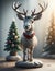 Cute stone figurine of a Christmas reindeer wearing a Christmas wreath