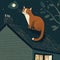 A Cute Storybook Style Ginger Cat Sitting on the Roof of a House under a Full Moon.