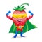 Cute strawberry in cloak of superhero and mask, showing strength.