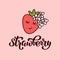 Cute Strawberry Lettering Vector Illustration with blossom flowers on pink background