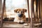 Cute stray dog gazing through a rusty metal cage in animal shelter