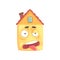 Cute stressed house cartoon character, funny facial expression emoticon vector illustration