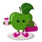 Cute strong apple athlete with sneakers, sports bag and shake drink.