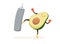 Cute and strong avocado boxing in boxer's gloves and kicking punching bag with leg. Funny comic fat vegetable doing