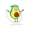 Cute strong avocado character training on a rope. Cartoon Avocado gym, health, fitness.