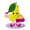 Cute strong pear athlete with sneakers, crown, sports bag and shake drink.