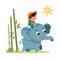 Cute stylised cartoon boy riding an elephant. Nature and plants of Asia. Bamboo forest. Vector flat isolated