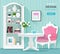 Cute stylish graphic room decor. Light colored room interior with table, armchair and cupboard. Flat style.