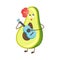 Cute summer avocado cartoon character playing on ukulele guitar - summer vibes hawaian print for t-shirts, greeting cards, sticker