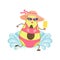 Cute summer avocado cartoon character running at beach in pink bikini with popsicle. Avocado on vacation - summer vibe design for