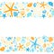 Cute summer background with different shells and starfishes as seamless borders