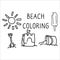 Cute summer beach day coloring page cartoon vector illustration motif set. Hand drawn isolated sandcastle, bucket and spade