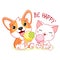 Cute summer card in kawaii style. Little friends - corgi puppy and kitty with ice cream