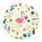 Cute summer composition with food, drinks, palm leaves, fruits and flamingo. Bright summertime poster.