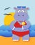 Cute summer hippo girl on a beach cartoon illustration