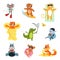 Cute summer resting animals. Beach animal vacation, surfins and sunbath. Funny travel, monkey and crocodile, fox and