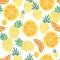 Cute summer seamless pattern. Fresh fruits, pineapples, oranges, citrus. Colorful bright vector illustration