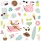Cute summer seamless pattern fruits, drinks, ice cream, sunglasses, palm leaves and flamingo inflatable swimming pool