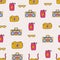 Cute summer seamless pattern with radio, sunglasses, carbonated drink, camera