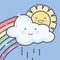 Cute summer sun and clouds rainy with rainbow kawaii characters