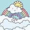 Cute summer sun and clouds rainy with rainbow kawaii characters