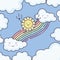 Cute summer sun and clouds rainy with rainbow kawaii characters