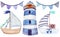 Cute summer watercolor collection, burning lighthouse, bright garlands, cartoon boats isolated on white background