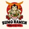 Cute Sumo Mascot Character Eating Ramen Noodle Japanese word means delicious ramen