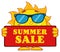 Cute Sun Cartoon Mascot Character With Sunglasses Holding A Sign With Text Summer Sale.